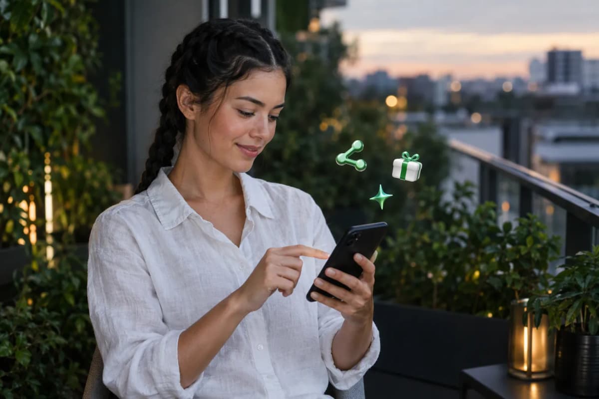 Bitkili balkonda telefonunda ücretsiz denemeyi keşfeden genç kadın; çevresinde 3D simgeler