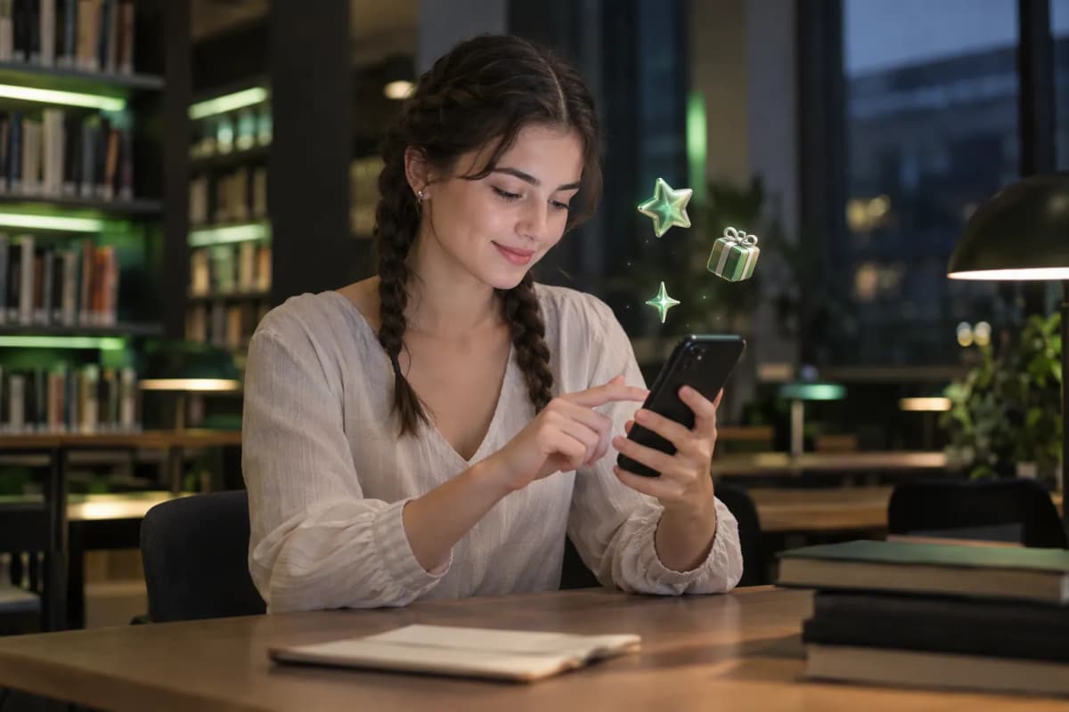 Kütüphane masasında telefonunda ücretsiz denemeyi keşfeden genç kadın; çevresinde 3D simgeler