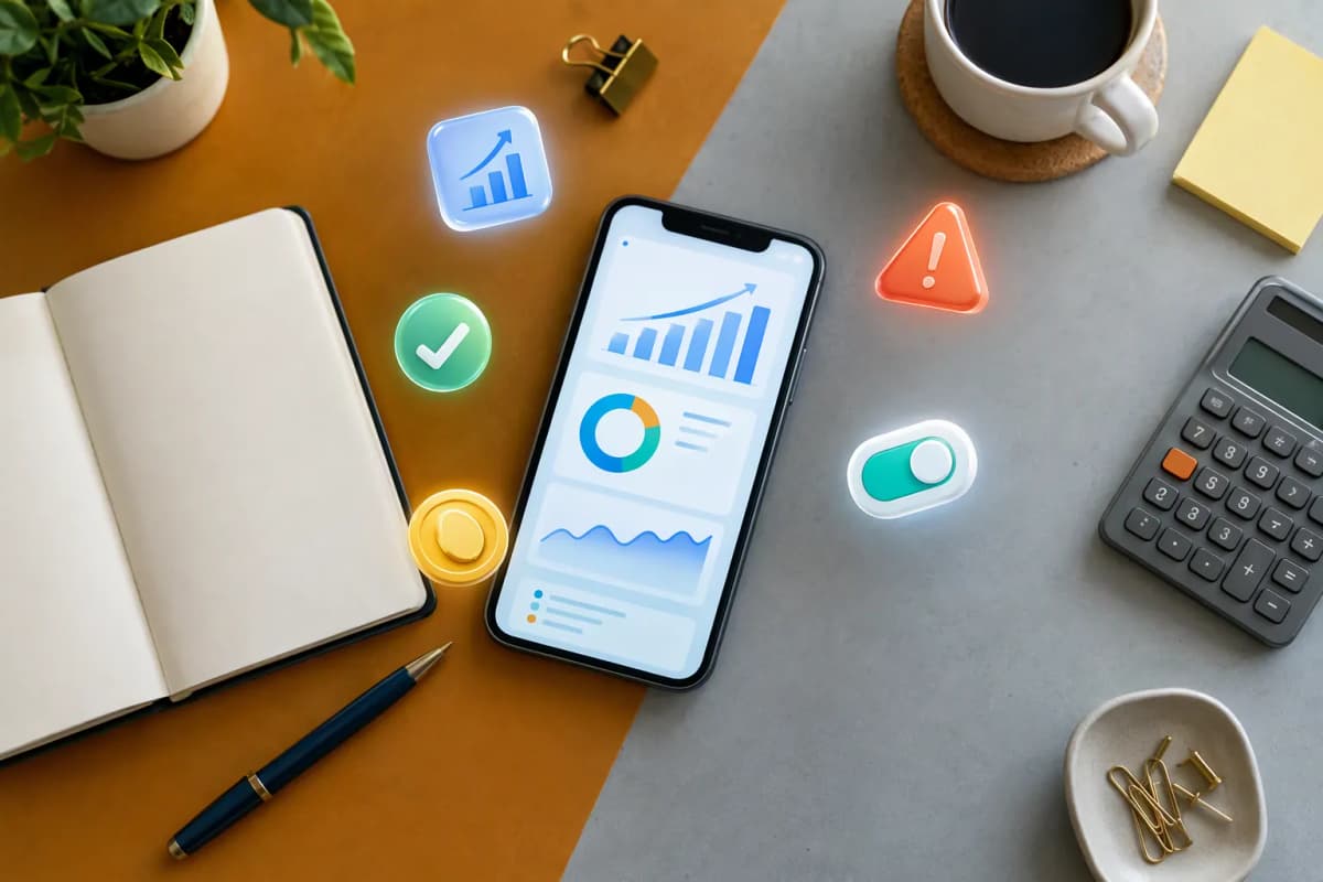 Üstten çekimde masa üstünde telefon, boş defter, kalem ve hesap makinesi; 3D ikonlar süzülüyor
