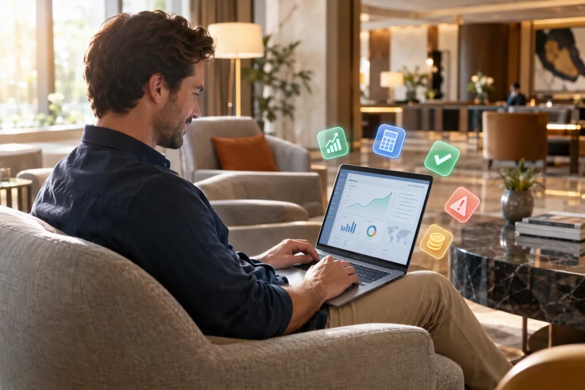 Modern otel lobisinde laptopla oturan adam, yanında 3D ikonlar ve sabah ışığı