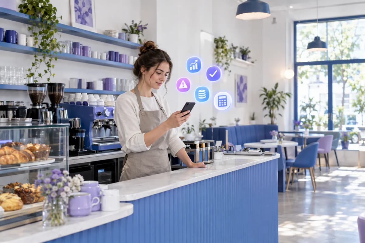 Modern aydınlık kafede tezgahtaki barista telefona bakarken yanında 3D ikonlar parlıyor