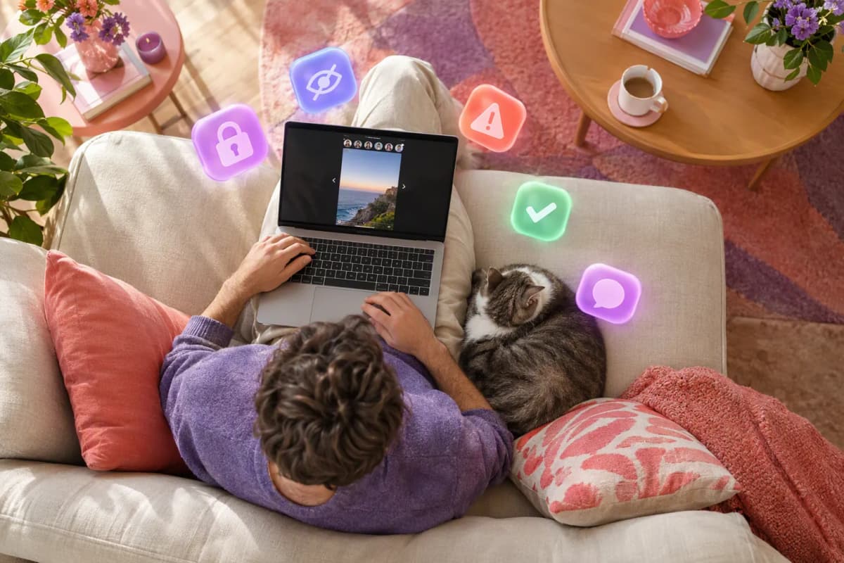 Üstten çekimde krem kanepede dizüstü bilgisayarlı adam ve yanındaki kedi, 3D simgeler