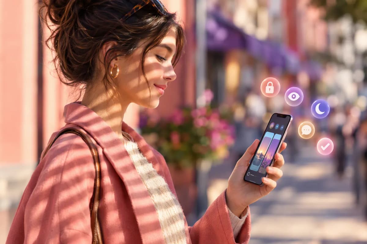 Şehir caddesinde yürüyen kişi, hikâye ekranlı telefon tutuyor; ışık şeritleri ve 3D ikonlar var