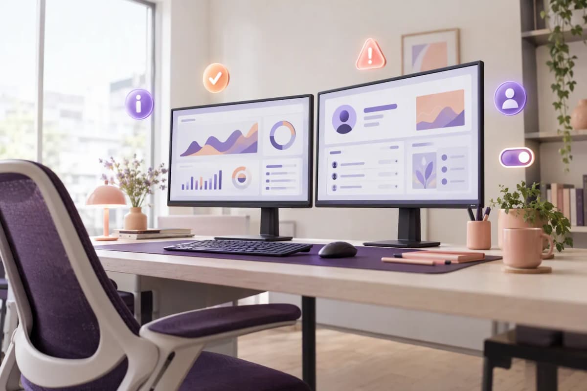 İki monitörlü modern masa; soyut paneller ve yanında parlak 3D ikonlar, gün ışığı