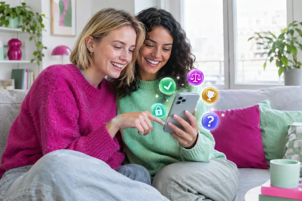 Kanepede yan yana oturan iki arkadaş, telefona bakıp gülümser; renkli odada 3D ikonlar