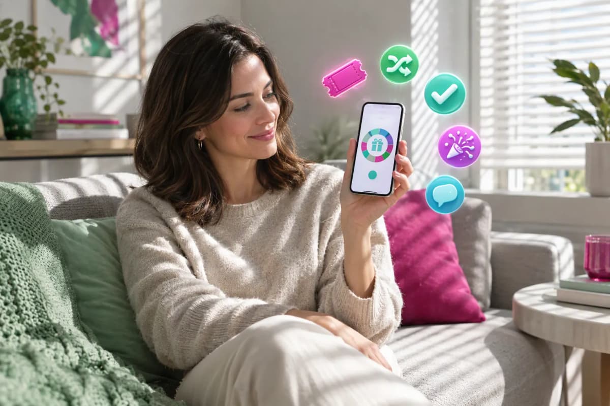 Aydınlık salonda koltukta oturan kadın, çekiliş uygulamalı telefon ve 3D ikonlar tutuyor