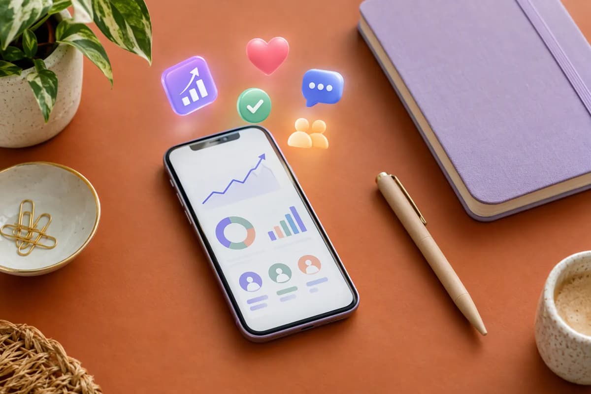 Ekranında beğeni, yorum ve takipçi analitiği görünen telefon