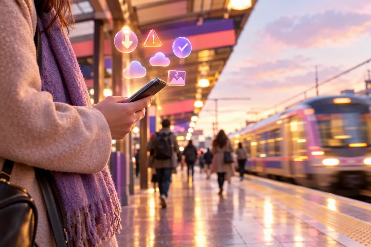 Tren peronunda telefonu tutan kişi, bulanık yolcular ve gelen tren; akşam ışığı