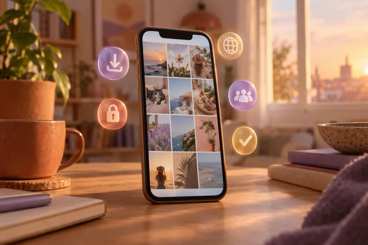 Düzenli masada dik duran akıllı telefon, sıcak günbatımı ışığında 3D simgelerle