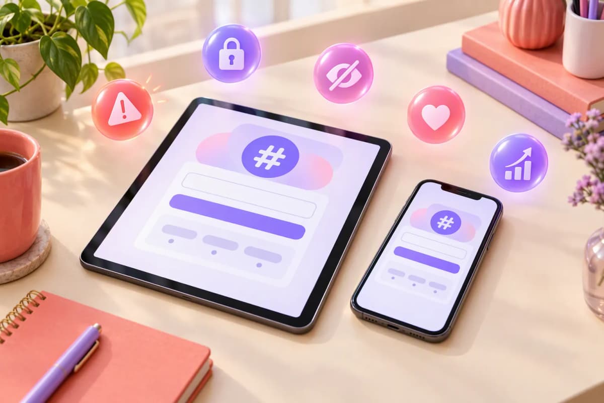 Krem renk masada tablet ve telefon, etrafta 3D ikonlar; düzenli çalışma alanı, yazısız