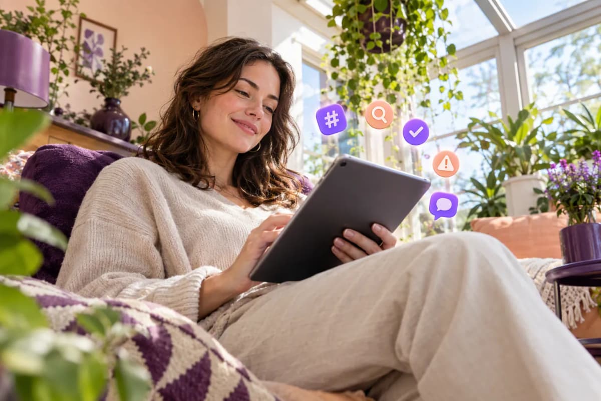 Bitkilerle dolu güneşli odada tablette uygulama ekranına bakan kadın, 3D ikonlar
