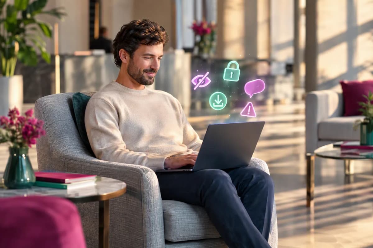 Otel lobisinde koltukta laptop kullanan adamın üstünde 3D güvenlik simgeleri süzülüyor