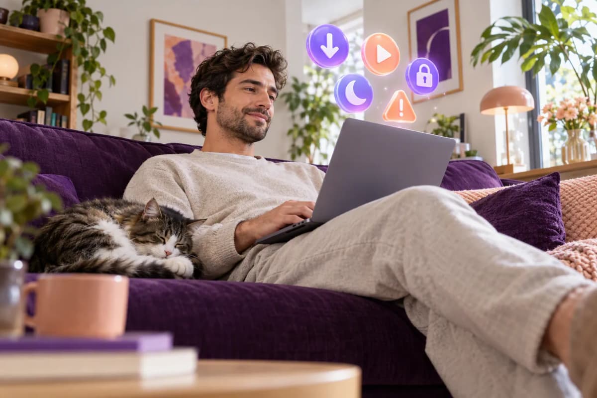 Mor aksanlı rahat salonda dizüstü bilgisayarlı kanepede adam ve yanında kedi, 3D ikonlar