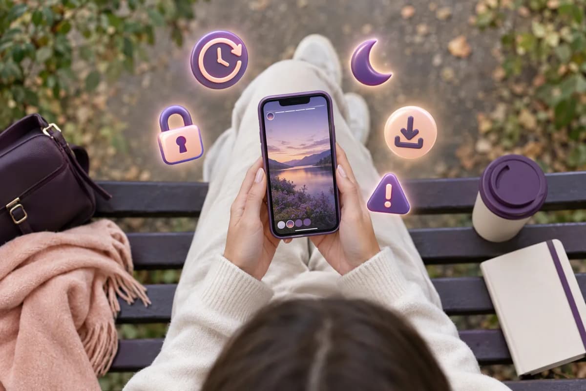 Park bankında telefonu tutan kişi; yakınında 3B parlak ikonlar, arka plan ağaçlı yol flu