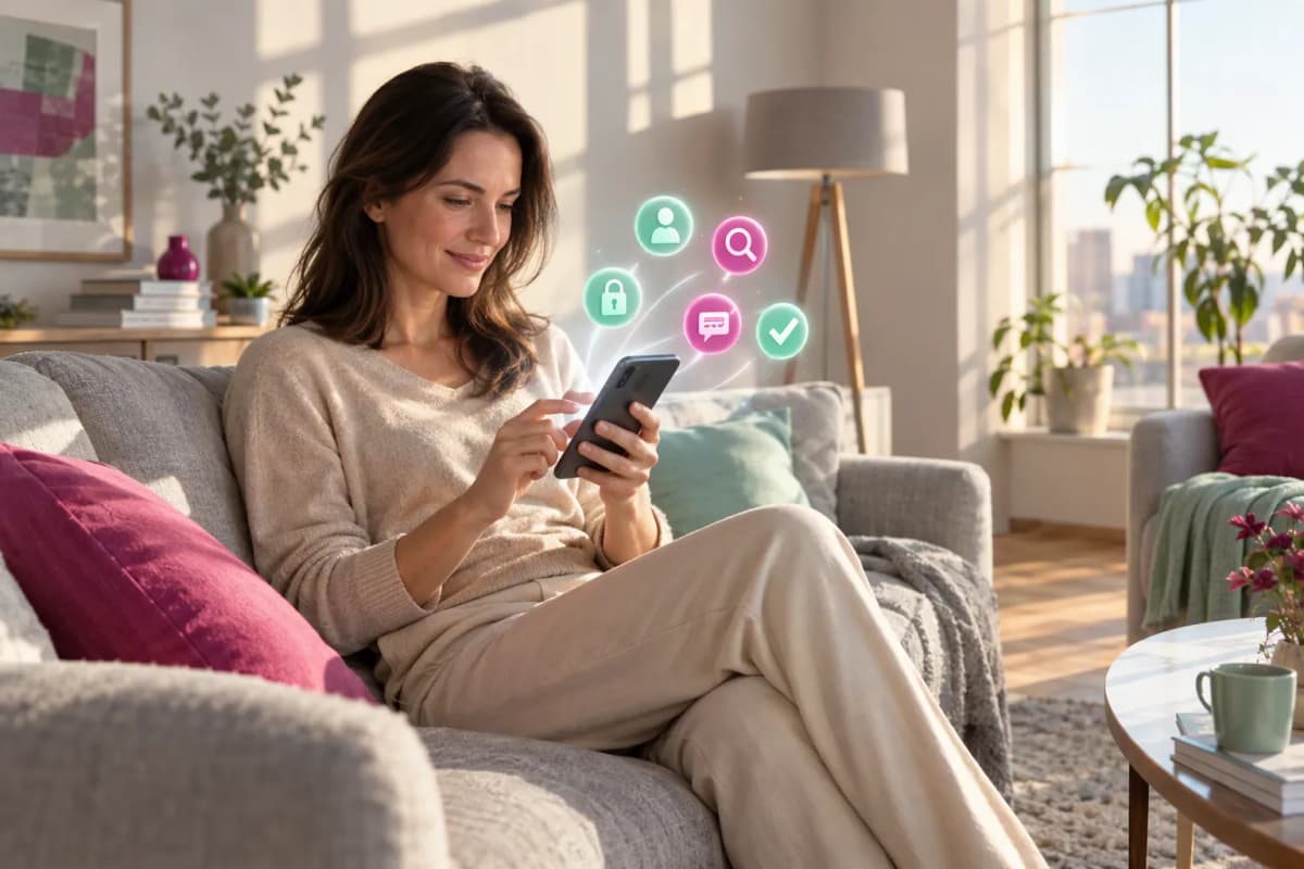 Otuzlarında kadın, aydınlık salonda kanepede telefon kullanıyor; yakınında 3D simgeler