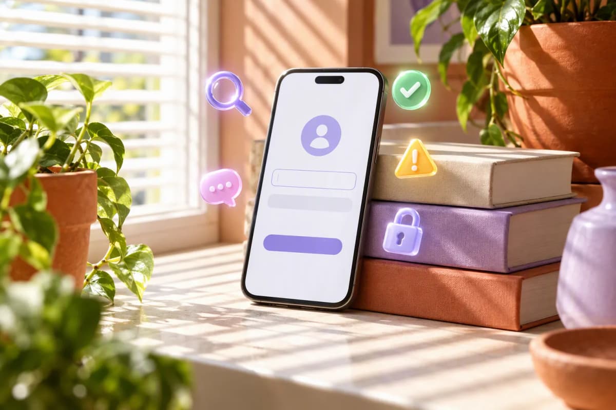Pencere pervazında kitaplara yaslı telefon, bitkiler arasında; ışık çizgileri ve simgeler