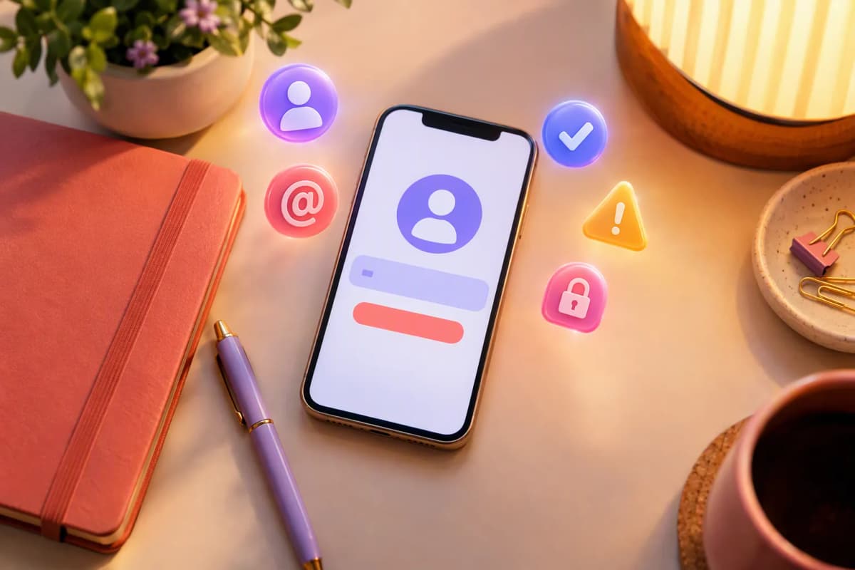 Masanın üstünden düz çekimde, kullanıcı adı ekranlı telefon ve defter, kalem; pembe-mor tonlar
