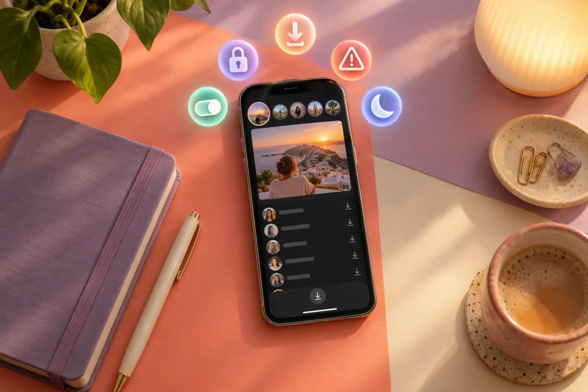 Coral ve krem yüzeyde telefondan yükselen ikonlar, defter ve aksesuarlarla neşeli masa düzeni