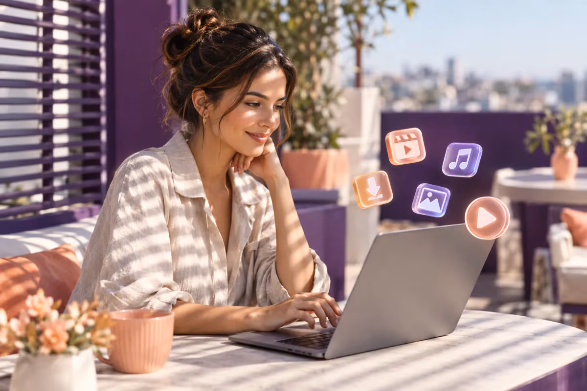 Çatı terasında laptop kullanan kadın; güneş çizgileri ve mor-krem dekor, yanında 3D ikonlar