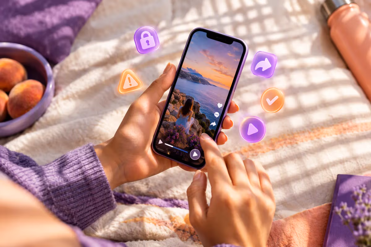Piknik örtüsünde yatan kişinin elindeki telefona yakın plan, yanında 3D ikonlar var