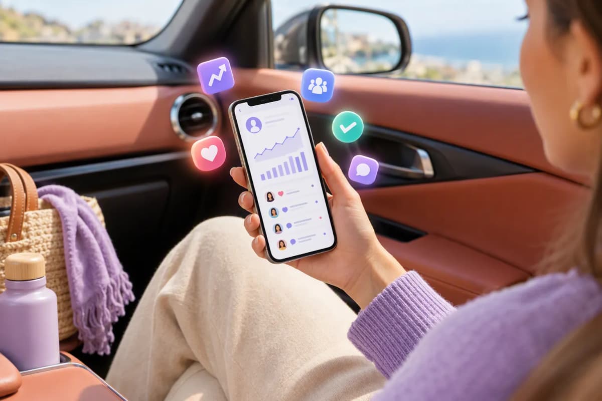 Araba yolcu koltuğunda kişi, sosyal analiz uygulamalı telefon tutuyor; yüzen ikonlar var