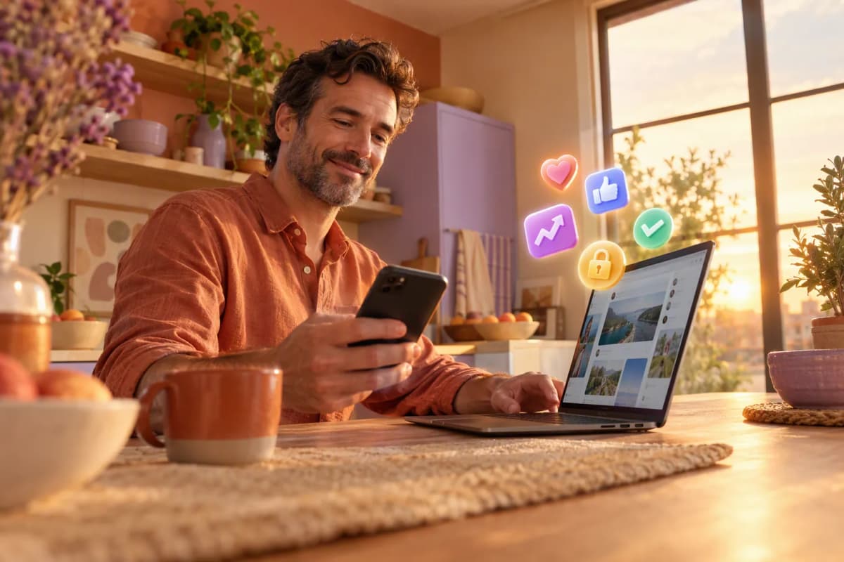 Kırklı yaşlarda bir adam mutfak masasında telefon ve laptop kullanırken ikonlar süzülüyor