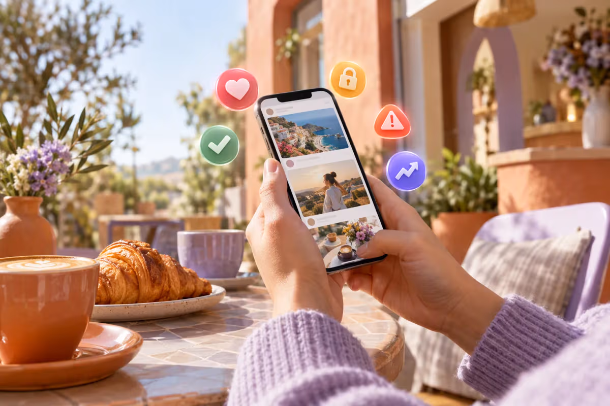 Kafe masasında telefon tutan eller, kahve ve kruvasan; yumuşak ışıkta 3D ikonlar
