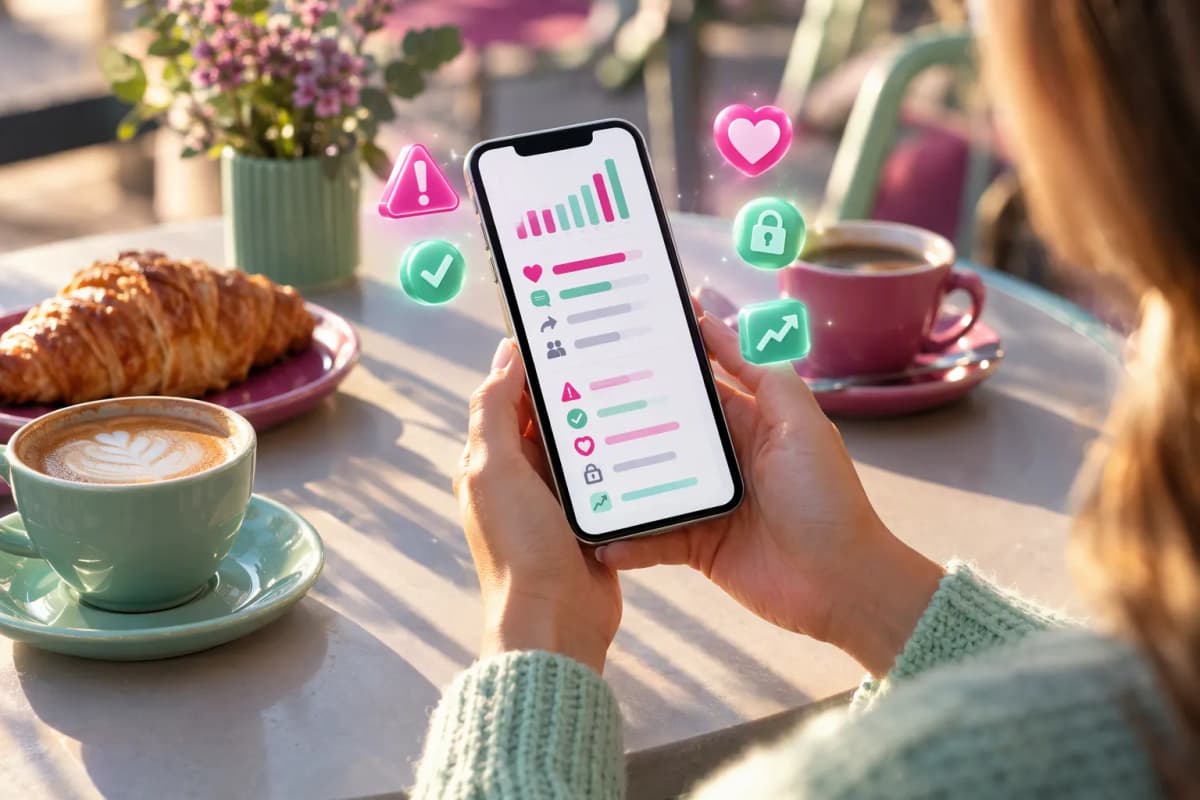 Kafede kahve ve kruvasan yanında telefon tutan eller, etrafta 3D ikonlar süzülüyor