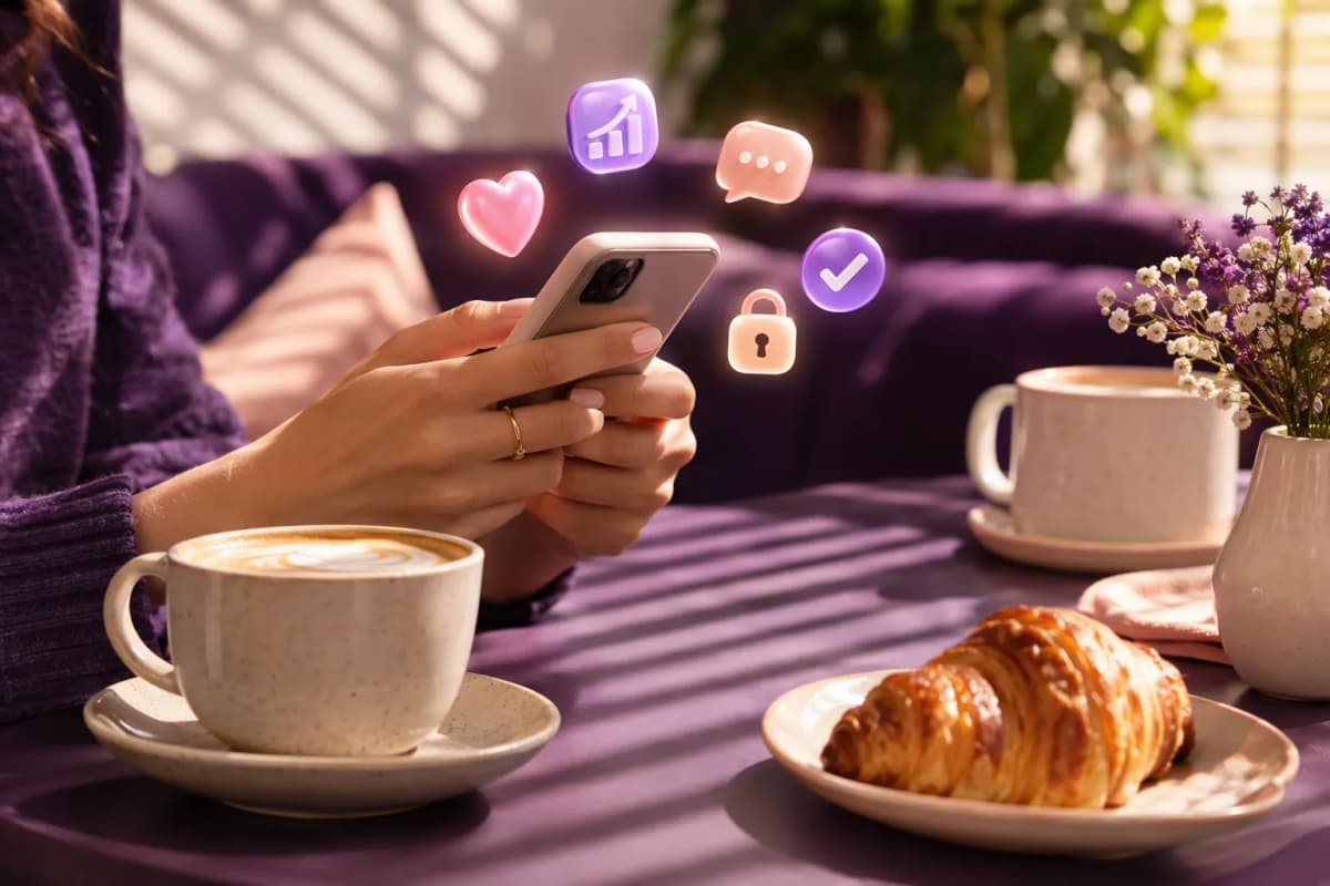 Kafe masasında kahve ve kruvasan yanında, telefona uzanan eller; yakınında 3D ikonlar