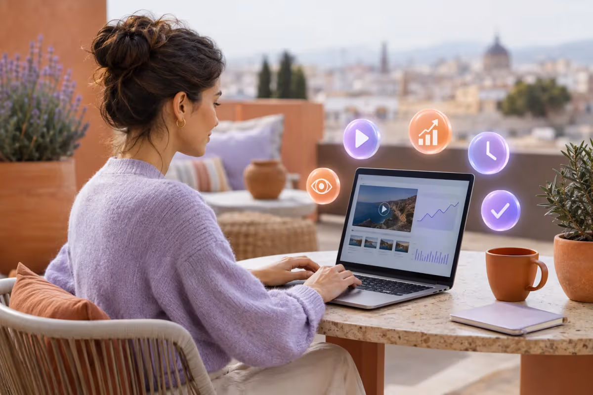 Çatı terasında dizüstü bilgisayar kullanan kadın, yanında 3D video analitik ikonları süzülüyor