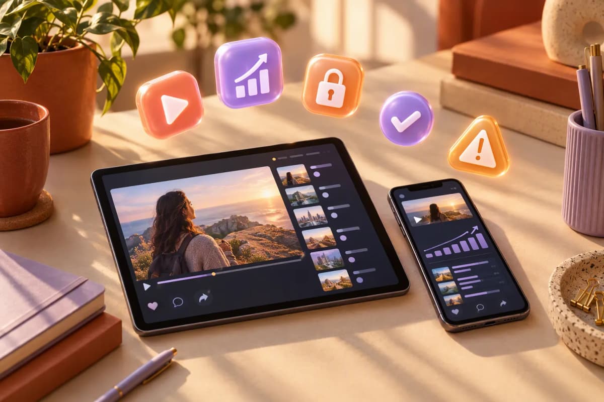 Terakota ve lila tonlu masada tablet ve telefon, üstte 3D simgeler, gün batımı ışığı