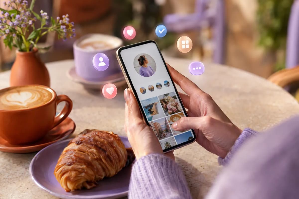 Kafede telefonunda profil fotoğrafı ve gönderi ızgarasını düzenleyen eller