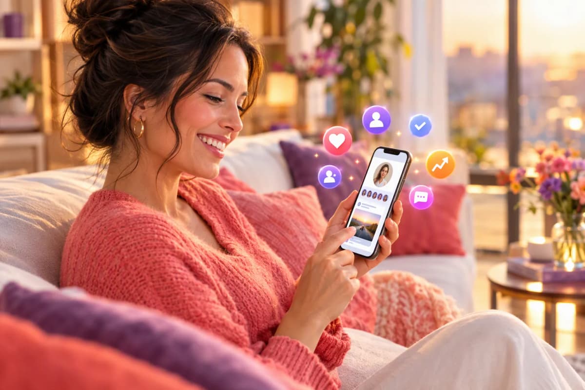 Kanepede telefonundan profiline gelen yeni takipçilere bakan kadın