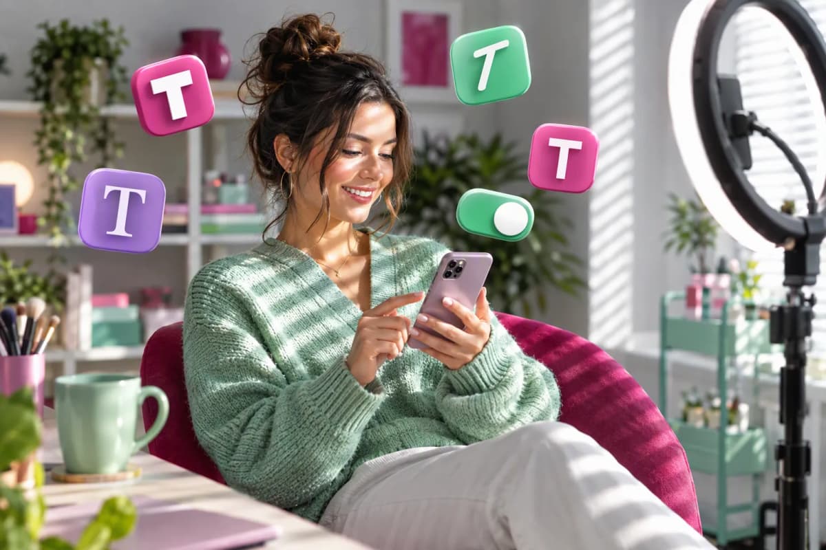 Ev stüdyosunda ring light yanında oturan kadın telefona bakıyor, panjur ışığı süzülüyor