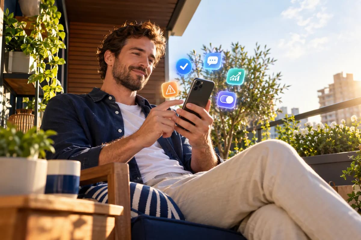 Bitkilerle dolu balkonda telefonu tutan otuzlu yaşlarda adam, gün batımı ışığında; yanında 3D simgeler
