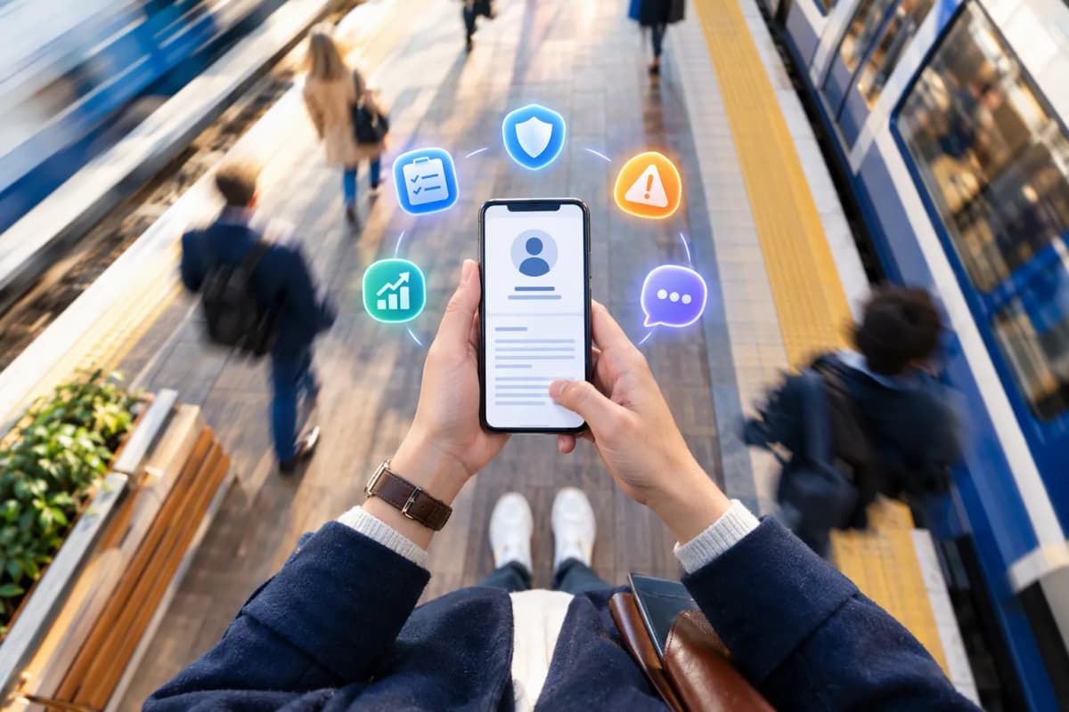 Tren peronunda akıllı telefonuna bakan kişi; bulanık trenler ve 3D ikonlar var