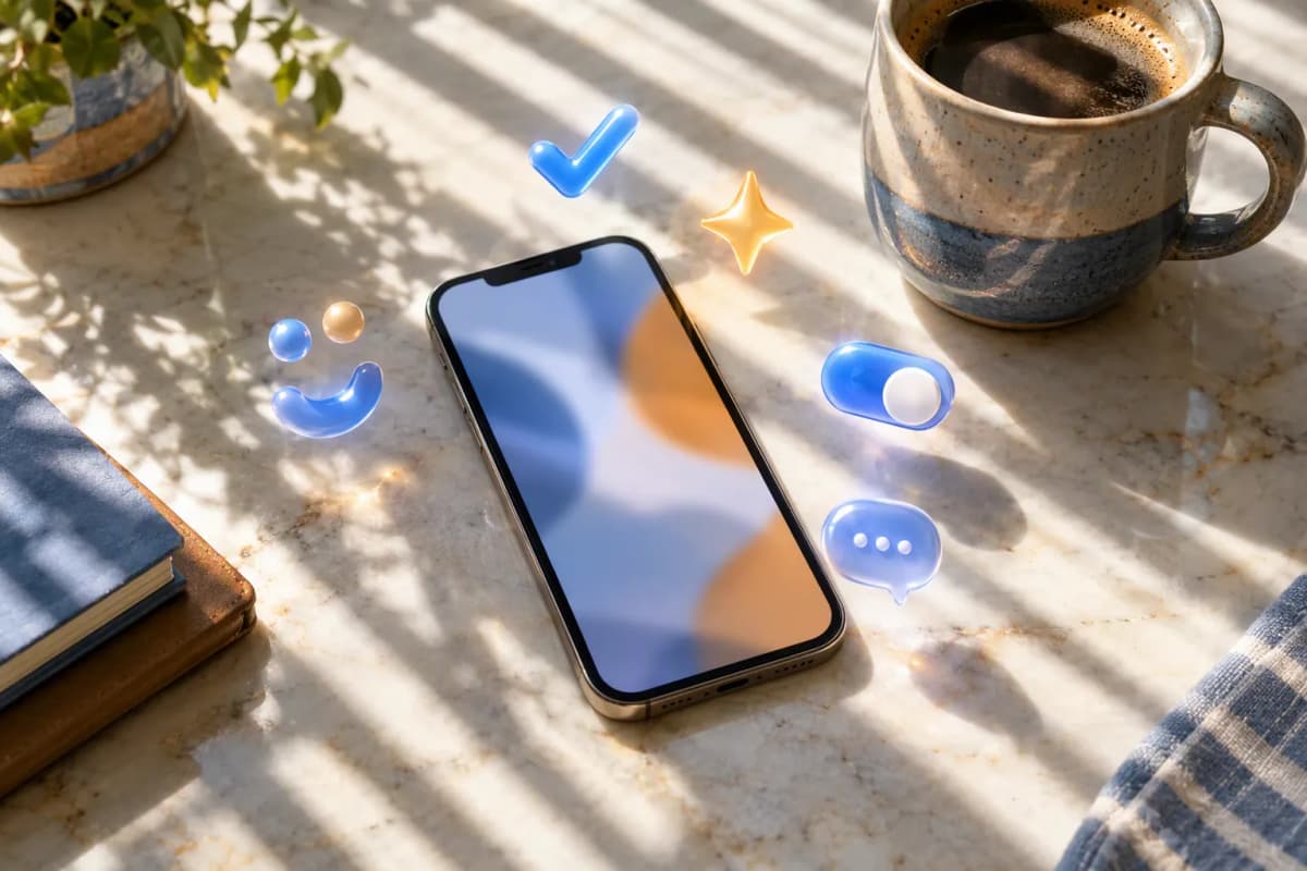 Mermer mutfak tezgâhında kahve fincanı yanında telefon; güneş bantları ve 3D ikonlar