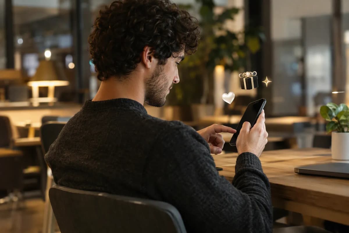 Ortak çalışma alanında telefonunda ücretsiz denemeyi keşfeden genç adam; çevresinde 3D simgeler