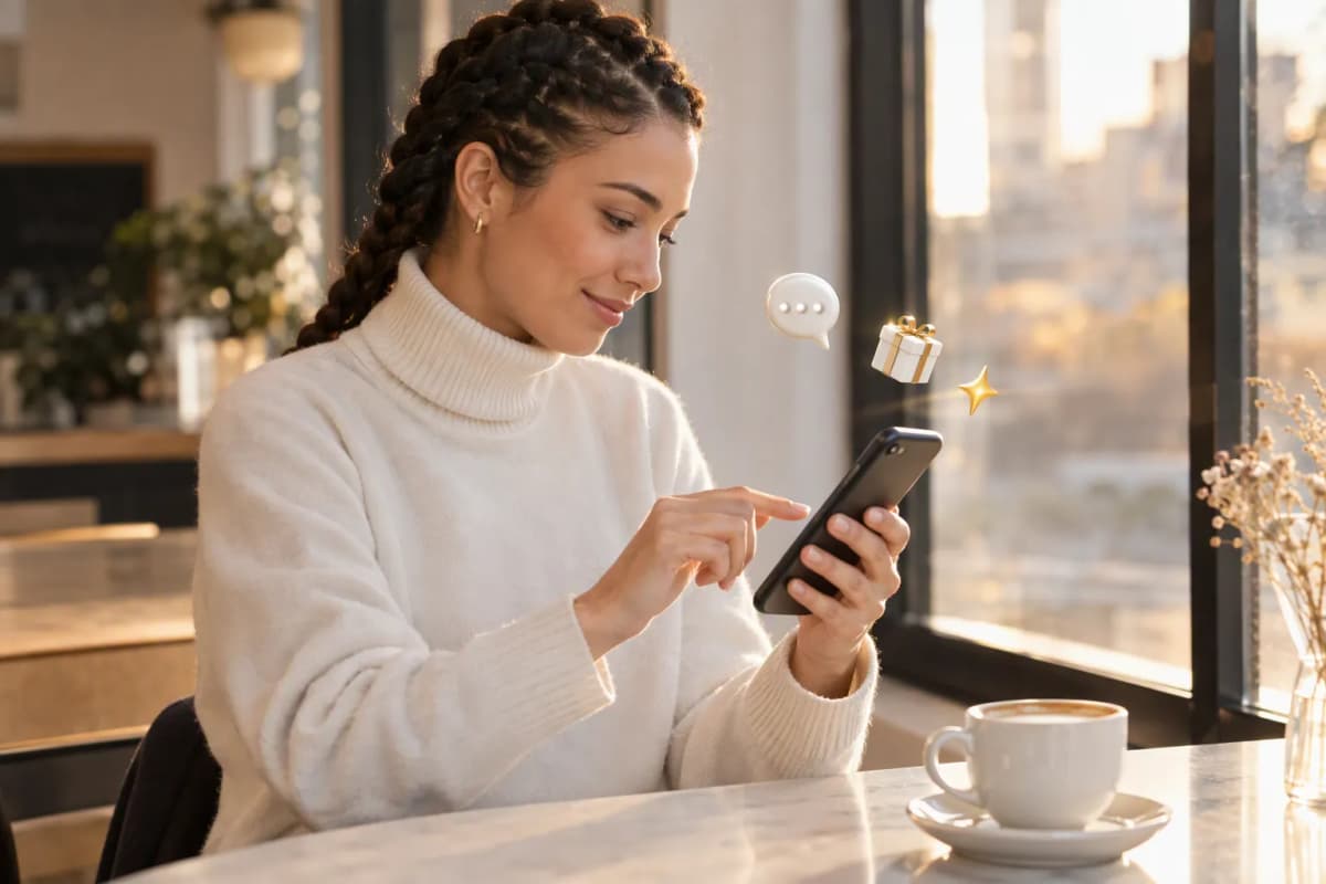 Kafede pencere kenarındaki masada telefonunda ücretsiz denemeyi keşfeden genç kadın; çevresinde 3D simgeler