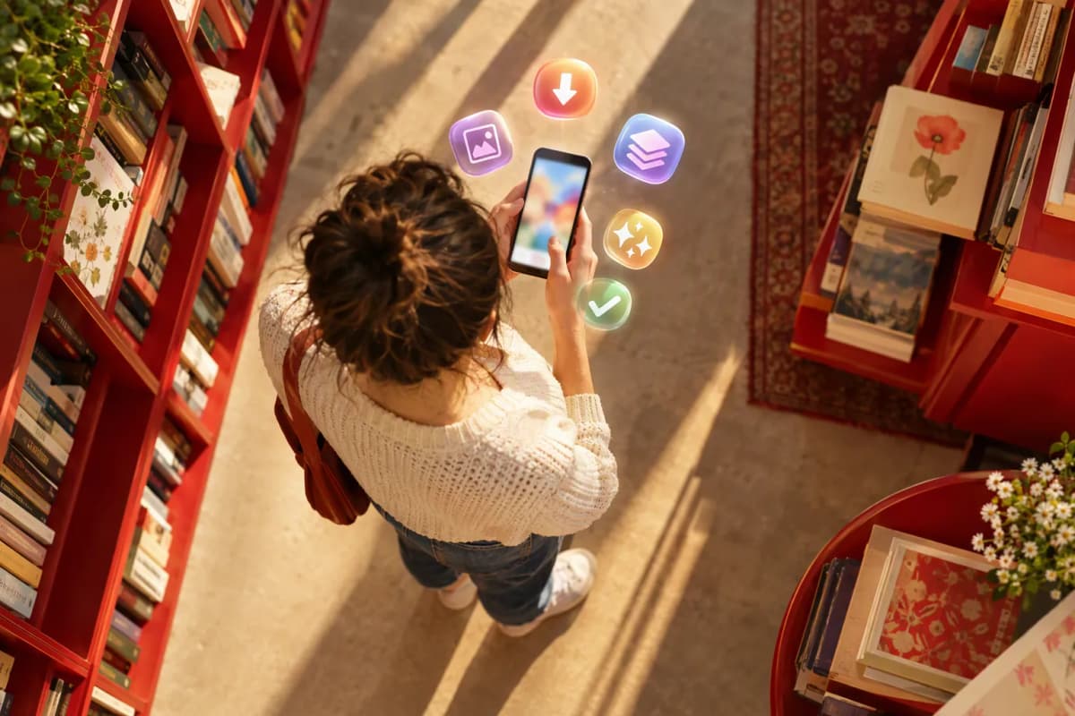 Kitapçı koridorunda telefonuna bakan kadın; kırmızı-krem raflar ve 3D ikonlar ışıldıyor