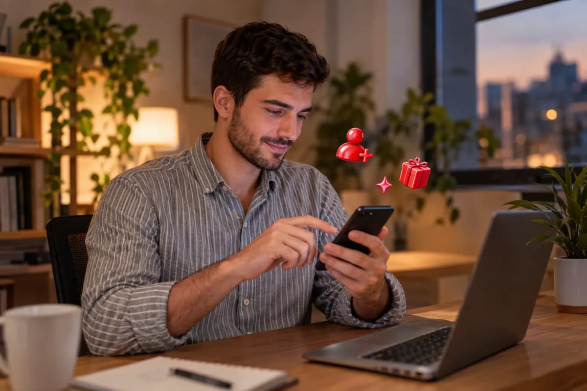 Bitkili ev çalışma masasında telefonunda ücretsiz denemeyi keşfeden genç adam; çevresinde 3D simgeler