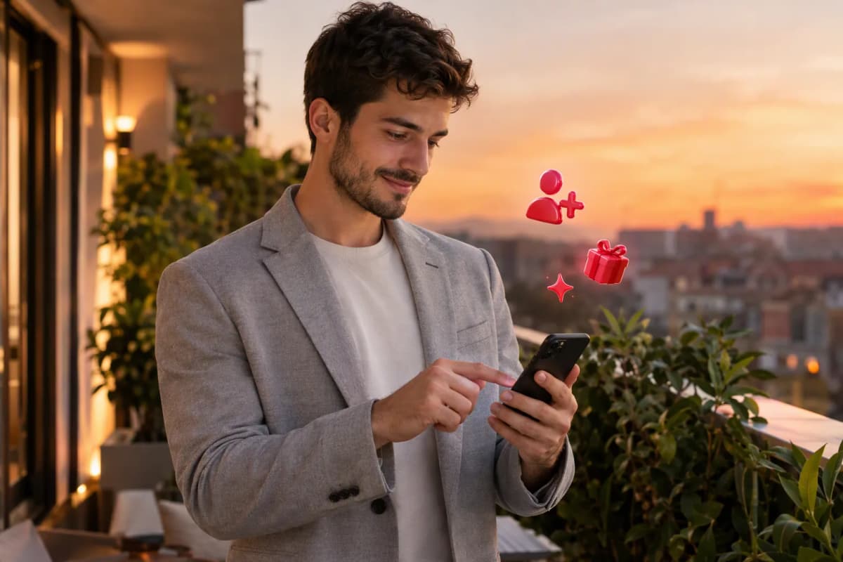 Bitkili balkonda telefonunda ücretsiz denemeyi keşfeden genç adam; çevresinde 3D simgeler
