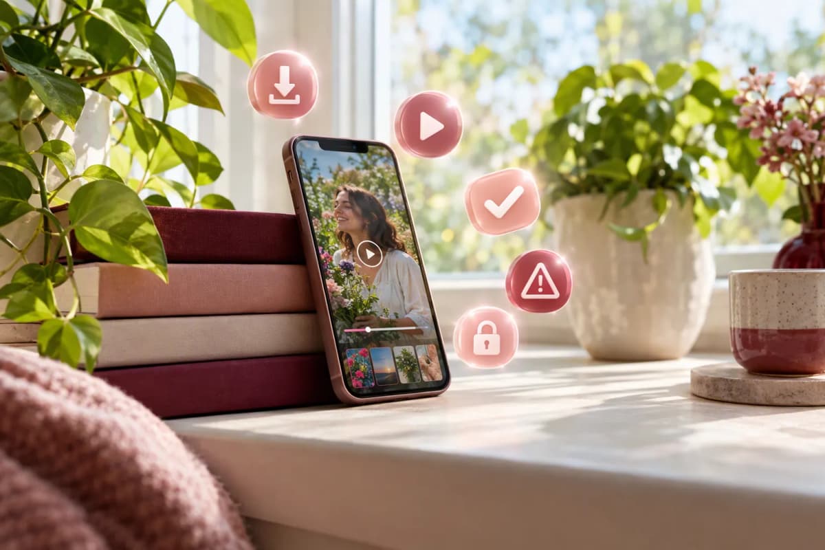 Pencerede kitaplara dayalı akıllı telefon, yeşil bitkiler ve yüzen 3D ikonlar