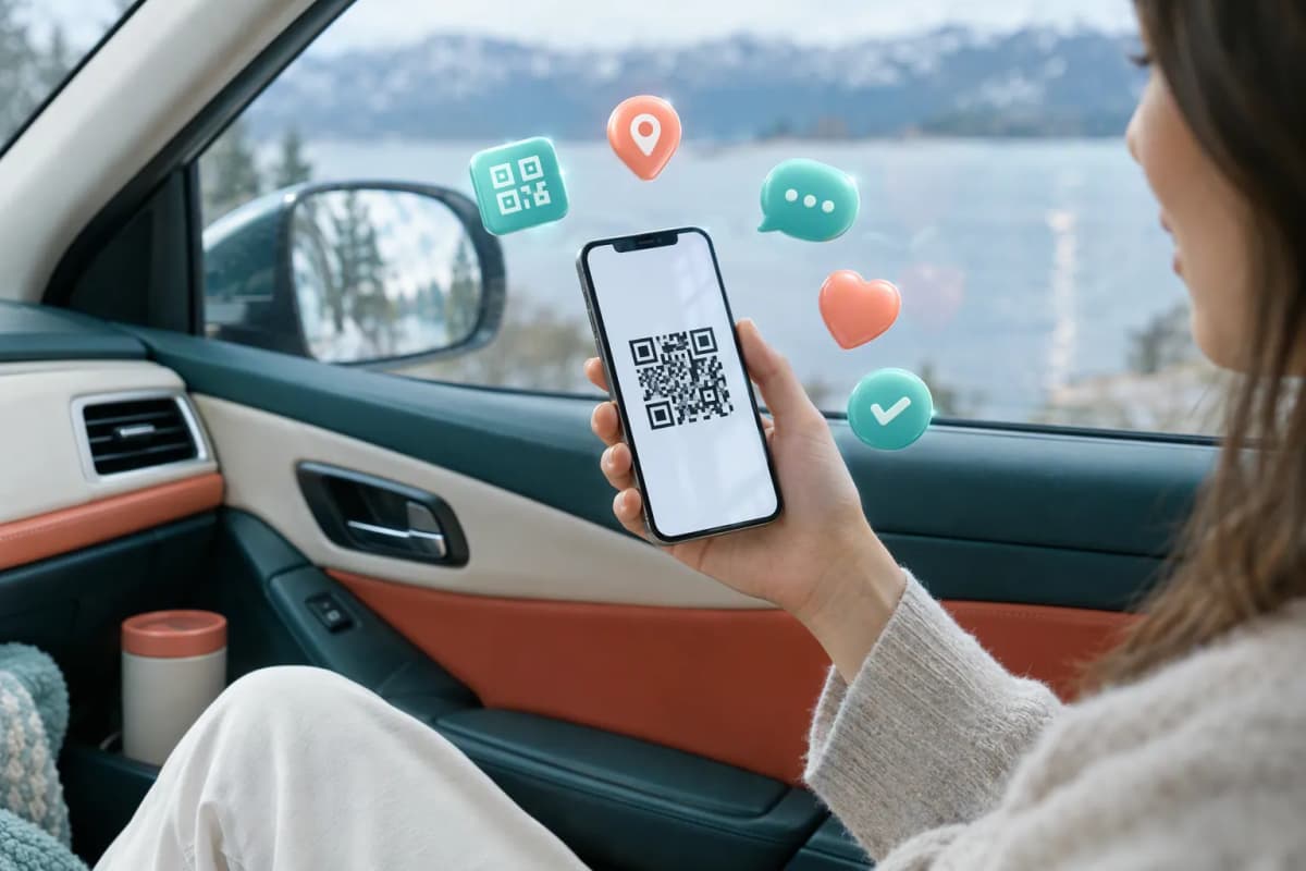 Araba içinde yolcu, cam kenarında QR kodlu telefon tutarken 3D ikonlar süzülüyor