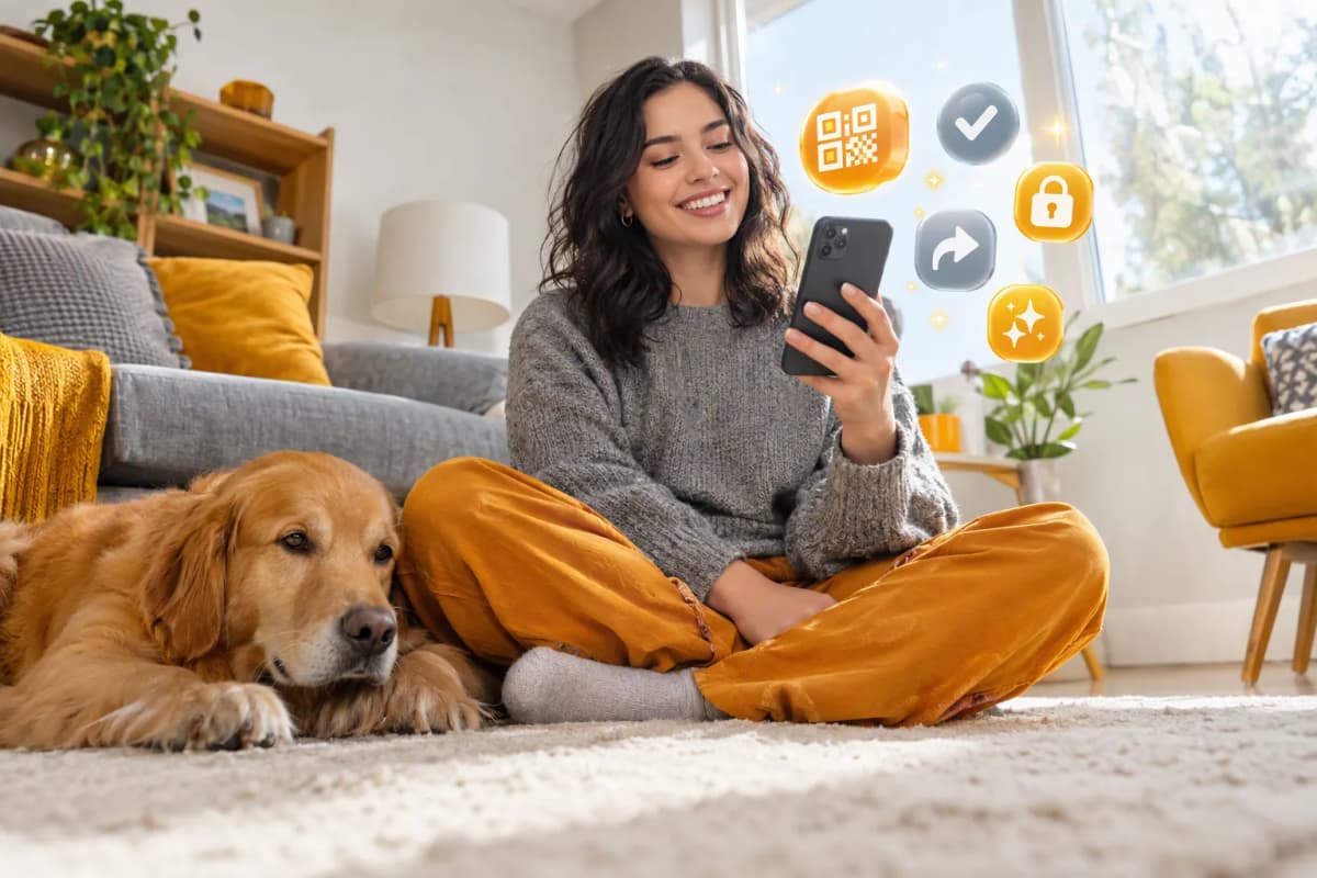 Krem halıda oturan kişi QR kod ekranlı telefon tutuyor, yanında köpek ve 3D ikonlar var