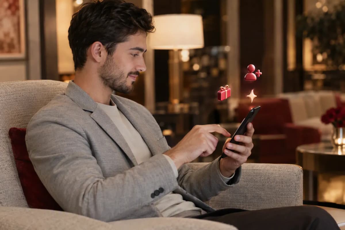 Otel lobisindeki koltukta telefonunda ücretsiz denemeyi keşfeden genç adam; çevresinde 3D simgeler