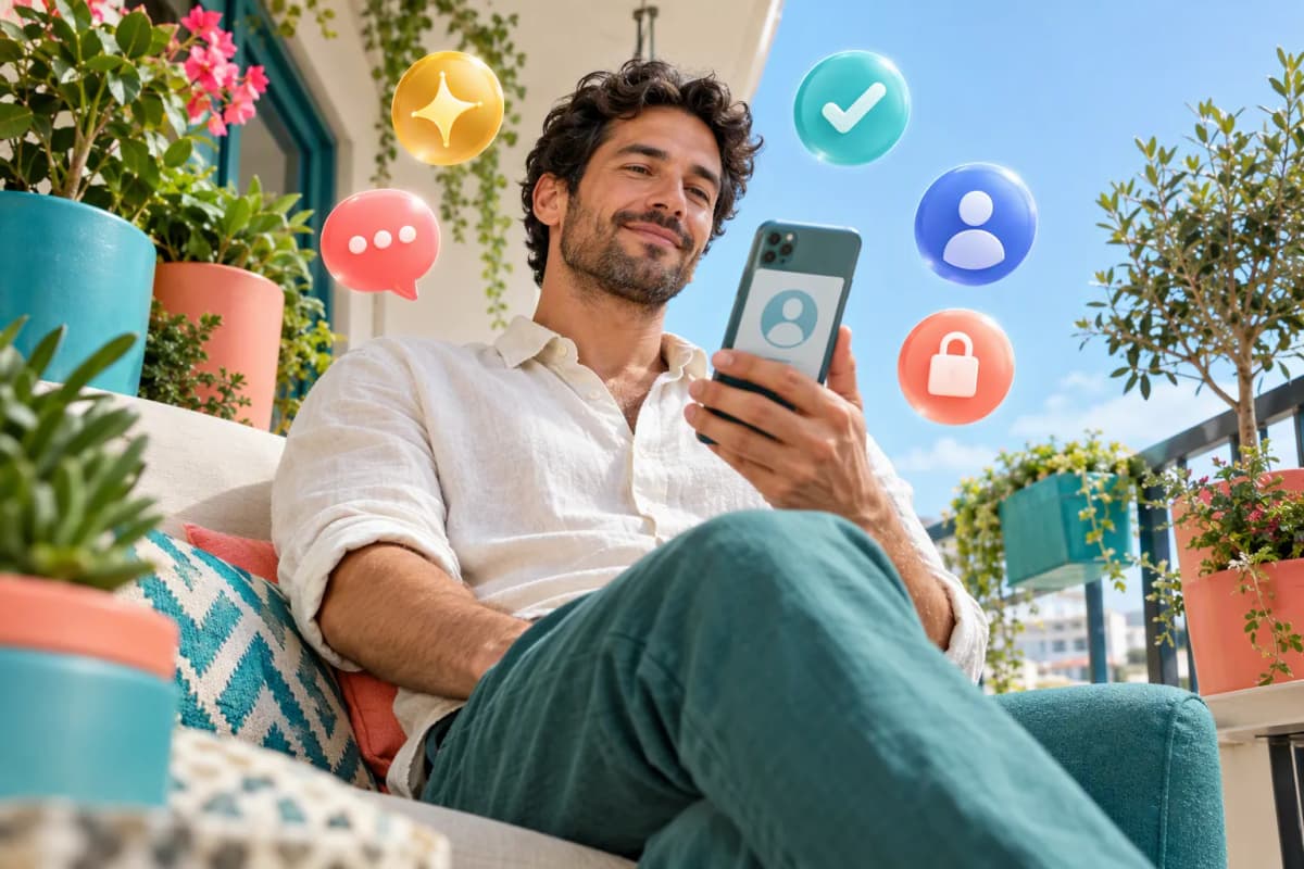 Bitkilerle dolu balkonda telefonu tutan adamın yanında yüzen 3D simgeler görülüyor