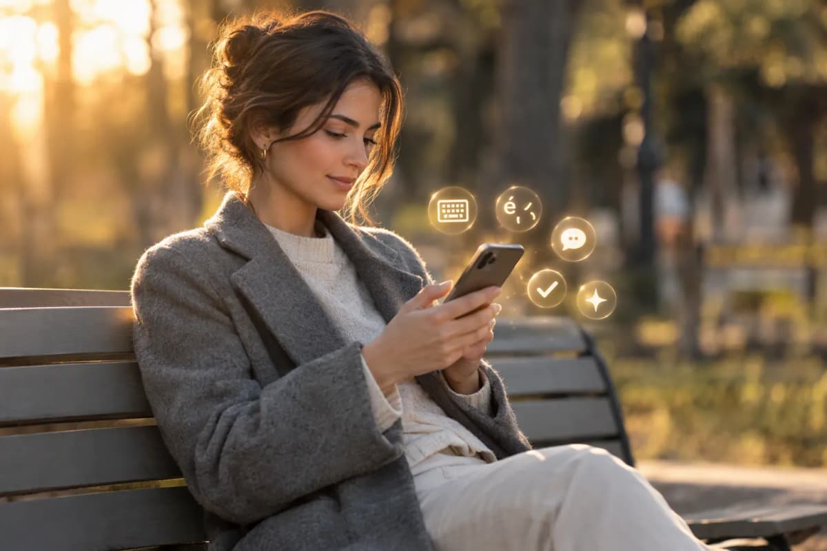 Park bankında telefona odaklanan kişi; ağaçlar flu, günbatımı ışığı ve 3D ikonlar