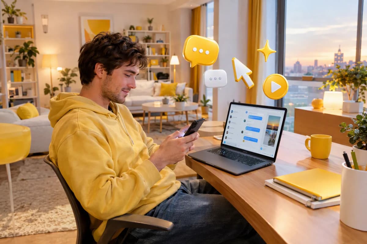 Modern odada masada telefonla yazışan adam, laptop ve sohbet ikonlarıyla sıcak ışık