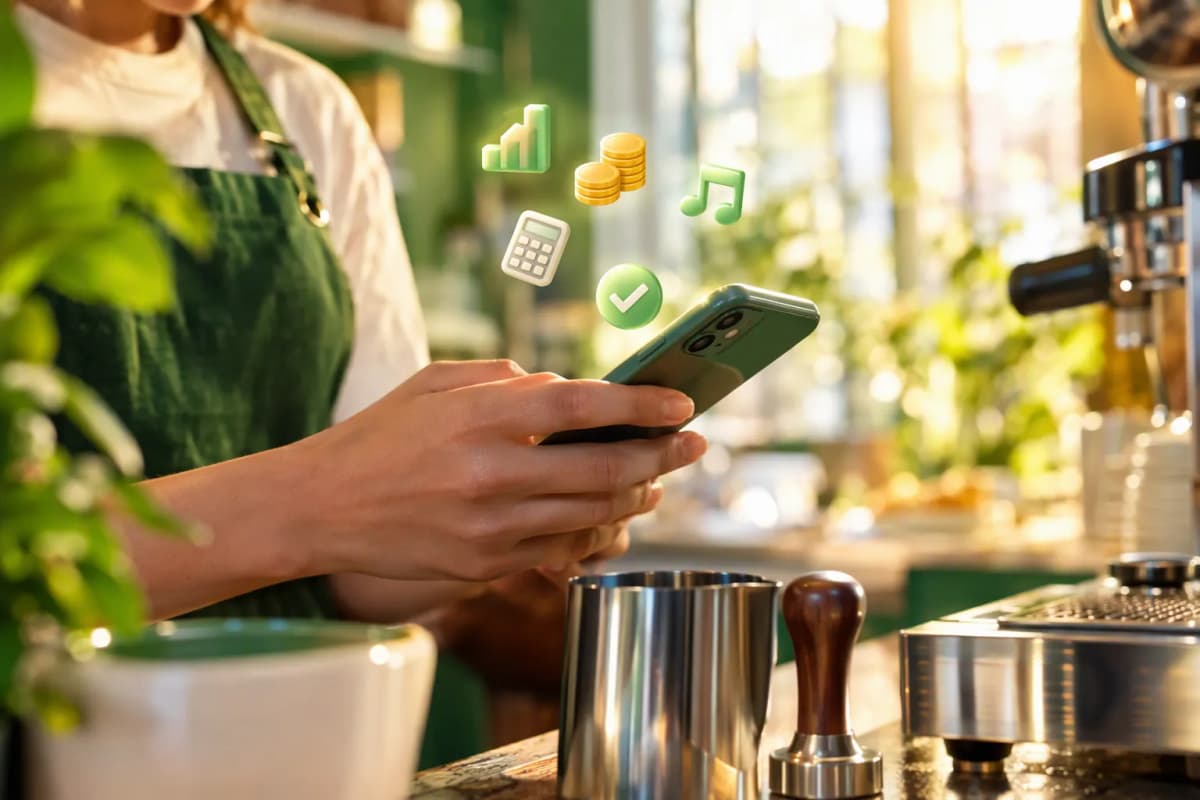 Kahve tezgâhında baristanın eli, telefona bakarken espresso ekipmanları ve 3D ikonlar görülür